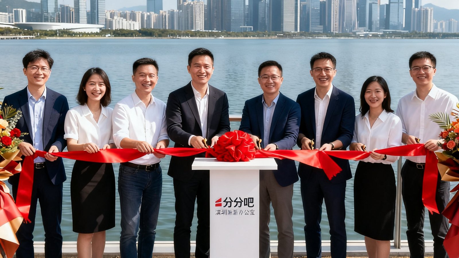 比分吧深圳新办公室开业典礼现场，创始人与团队成员共同剪彩，背景为深圳湾天际线。