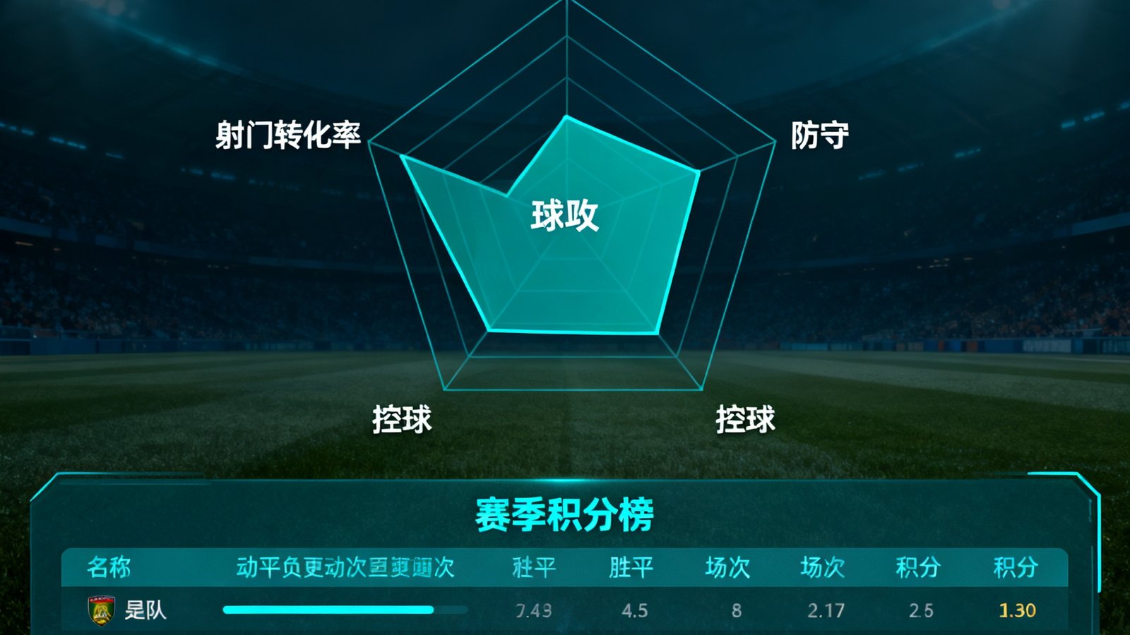 比分吧数据统计仪表盘，以雷达图形式展示某球队的进攻、防守、控球、射门转化率四项核心指标，下方为动态更新的赛季积分榜排名。